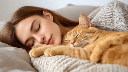 Woman sleeping, cat cuddling, bedroom, calm