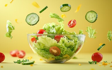 Fresh salad with lettuce, tomatoes, and cucumbers in a glass bowl against a yellow background. The vegetables appear to be in mid-air, creating a dynamic and appetizing image