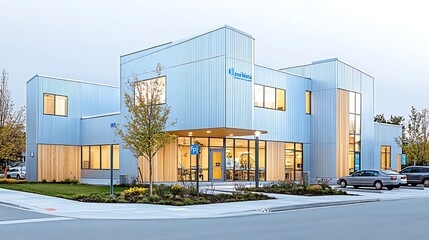 Obraz premium Modern Light Blue Metal and Wood Commercial Building Exterior at Dusk
