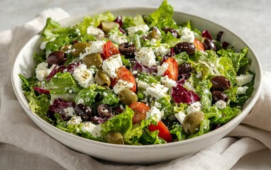 Fresh green salad with feta cheese, olives, and tomatoes in a white bowl.  Healthy and delicious meal