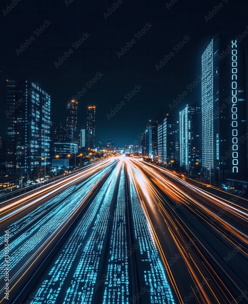 Aufkleber nighttime cityscape with dynamic light trails and futuristic digital elements highlighting urban lan