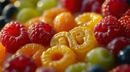 Close-up of Assorted Berries and Fruit Shaped Candies Forming the Letters "AB"