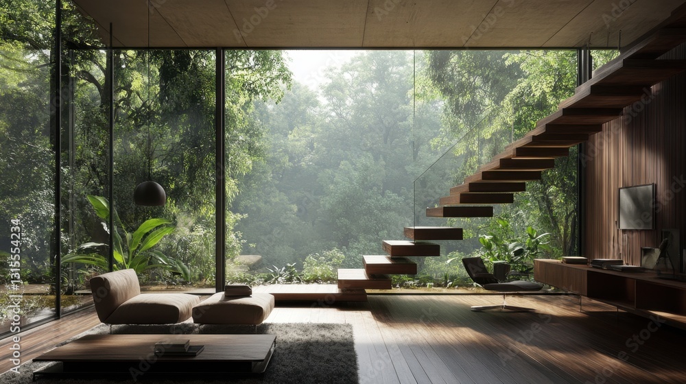 Poster stunning two-story modern home with a floating staircase visible through floor-to-ceiling windows
