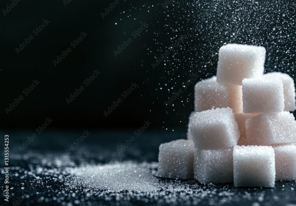 Aufkleber pile of sugar cubes with fine sugar particles falling down on dark background creating a beautiful a