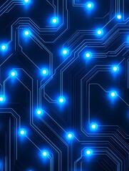 Intricate motherboard illustration in blue tones, circuit illumination