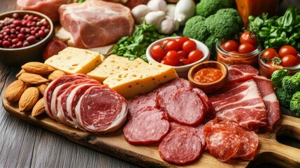Ketogenic Diet Food Selection Meat, Cheese, Vegetables, and Nuts