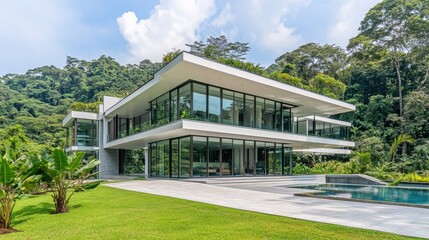 Stylish two-story home with a cantilevered upper floor, sleek modern design, and large glass panels