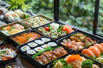 Assorted Sushi Bento Box: Japanese Food Platter with Rolls, Nigiri, and Rice Dishes
