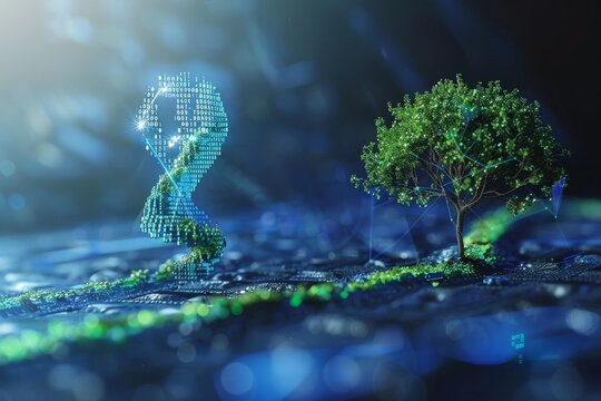 A tree formed from binary code grows on a digital landscape, symbolizing the concept of digital scarcity, Symbolize the concept of digital scarcity in a visually appealing way - Powered by Adobe