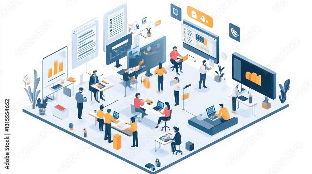 Poster modern collaborative workspace showcasing diverse team members and digital interfaces