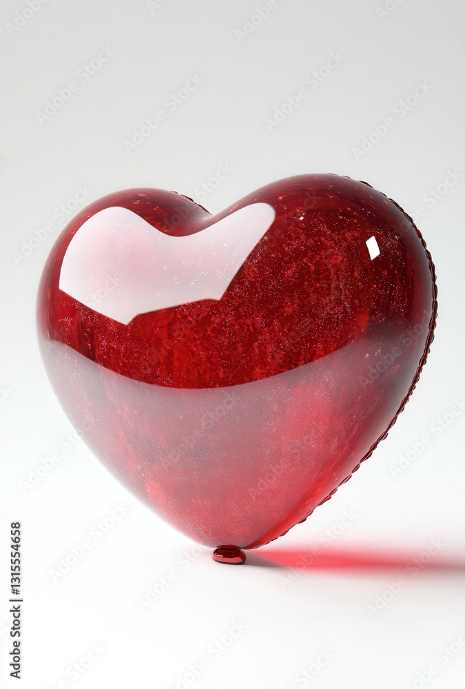 Poster red heart-shaped balloon on a white background with a shiny surface reflecting light and creating a 
