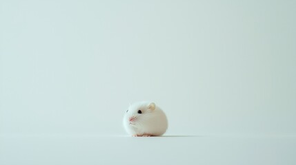 Fluffy white hamster sitting on a plain white background. Soft lighting illuminates the small rodent, creating a serene and minimalist image