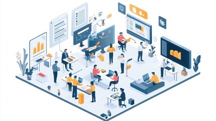 Modern collaborative workspace showcasing diverse team members and digital interfaces