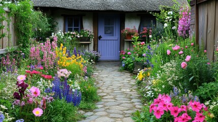 Thatched-roof country cottage with a stone pathway leading to the entrance, surrounded by vibrant flower beds