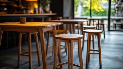 Wooden stools tables cafe setting. Simple elegant design. AI generated