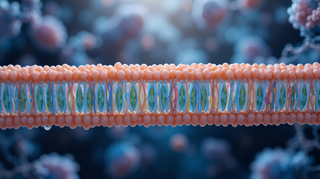 Hyper-realistic view of a human cell membrane, with detailed phospholipids and proteins forming a complex network of ion channels and transporters
