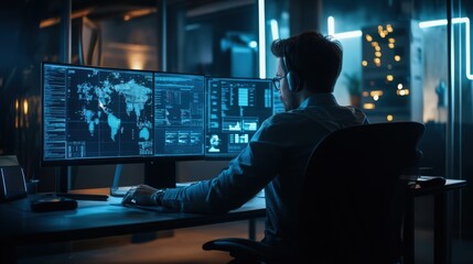 Dedicated cybersecurity specialist working at night analyzing global data streams