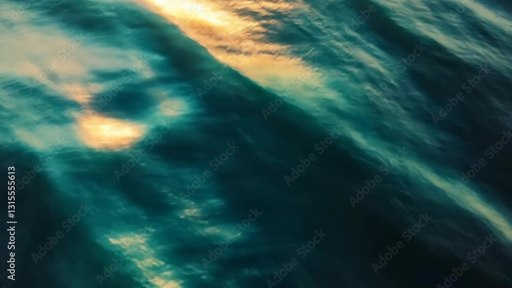 Poster waves reflecting sunlight create a shimmering effect on the surface of the ocean during twilight