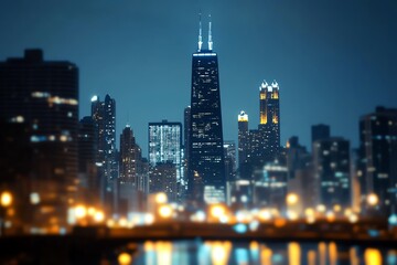 Fototapeta premium Chicago skyline at night with illuminated buildings against a white backdrop, showcasing the citys architectural beauty Urban cityscape concept