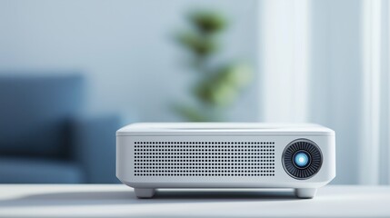 Compact projector placed on a table in a bright room with soft furnishings and natural light filtering through curtains.
