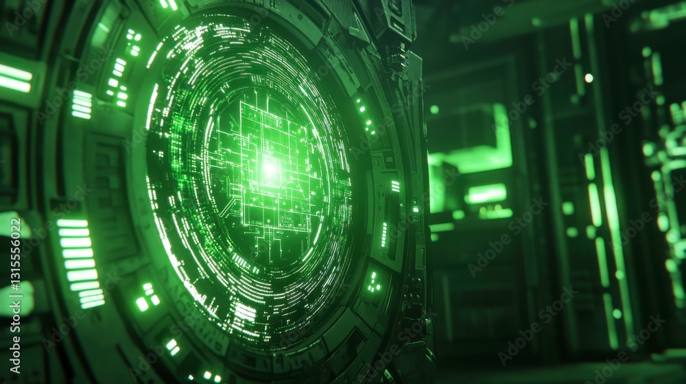 Poster digital interface with bright light and data center background