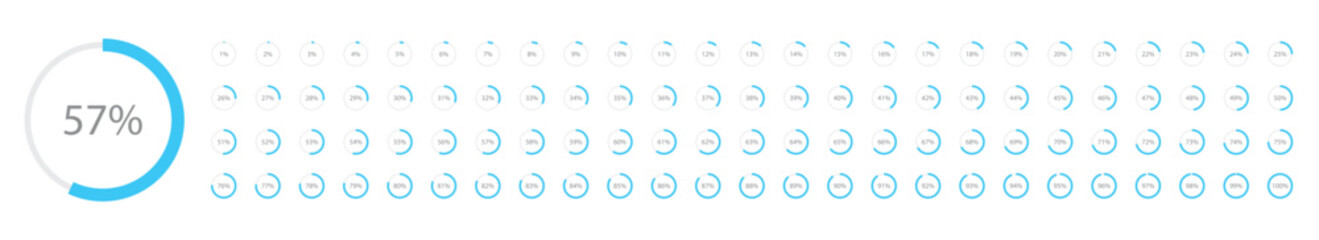 Set of round blue infographic pie charts, template segment of circle icons 0% - 100%, simple flat design loading data interface elements app button ui ux web, vector isolated on white background