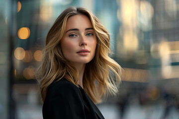 Obraz premium successful businesswoman, a stylish, self-assured woman with light hair epitomizes success and sophistication as she strolls through the city