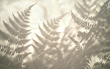 Shadowy silhouettes of ferns cast on a light beige background, creating a serene and textured image. The delicate fronds exhibit intricate detail