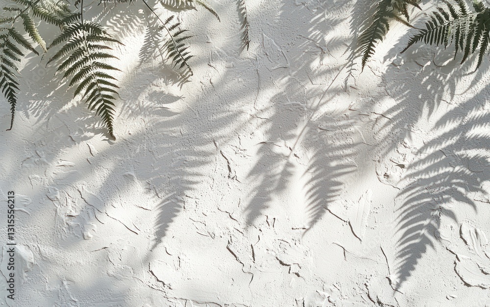 Poster shadowy fern patterns cast on a textured off-white surface, creating a natural and abstract design. 
