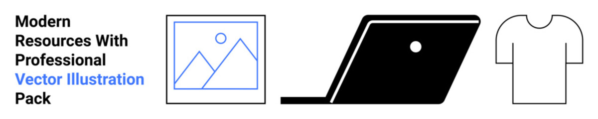 Framed landscape image, open laptop, and plain t-shirt design. Ideal for design tools, e-commerce, digital media, office work, creative projects, branding abstract line flat metaphor