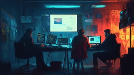 Teamwork in a dark lit coding room with multiple screens and computers
