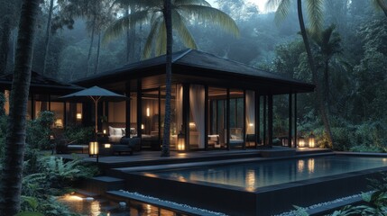 Fototapeta premium Tropical modern villa with a private pool, palm trees, and an open-air design