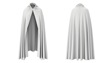 White hooded cloak, front & back views, isolated, studio, design mockup