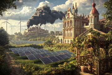 Heavy industry meets green technology, smoke and solar power, 3D illustration A contrast-filled scene with a large, traditional factory emitting dark clouds, surrounded by rows of cutting-edge solar