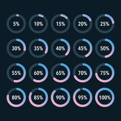 Set of blue pink gradient infographic pie charts template, segment of round icons 0% - 100%, simple flat design loading data interface elements app button ui web, vector isolated on dark background
