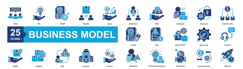 Business Model Icon Sheet CRM, Quality, Pricing, Key, Target, Reseller, Sales, Middleman, CRM, Distributor, Freemium, Cost Per Unit, Logistics, B2C