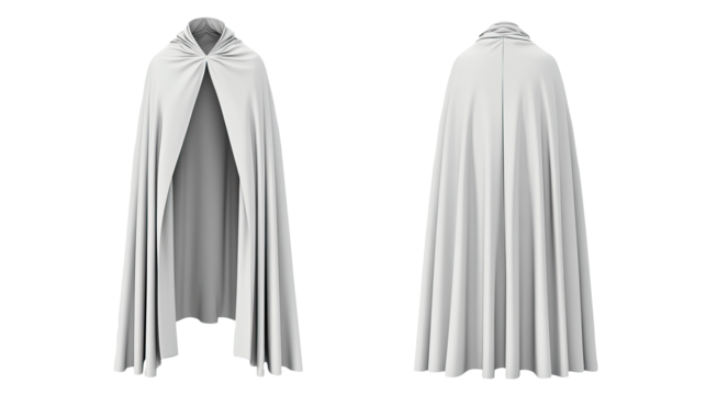 White hooded cloak, front & back views, isolated, studio, design mockup