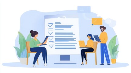 Teamwork on a digital checklist, collaboration using laptops and tablets