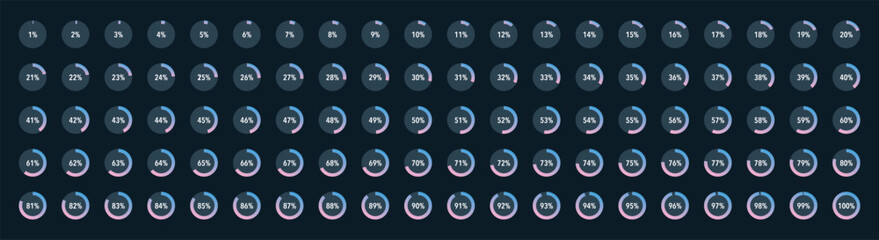 Set of blue pink gradient infographic pie charts template, segment of round icons 0% - 100%, simple flat design loading data interface elements app button ui web, vector isolated on dark background