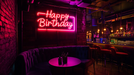 A neon "Happy Birthday" sign glowing in the dimly lit party space.