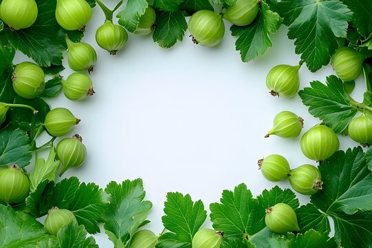Green Gooseberries Frame Fresh Leaves