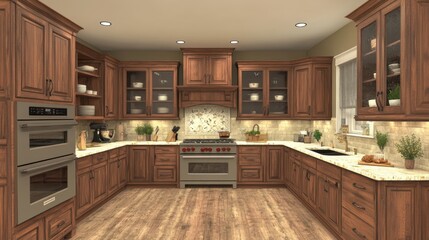 Warm and inviting farmhouse kitchen with wooden cabinets, open shelving, and rustic decor