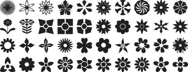Black flower vector set feature abstract floral design silhouettes, and geometric patterns. Ideal for decoration, logos, and design projects. Includes minimalist botanical elements