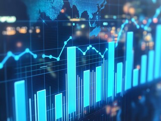 Financial chart with blue bar graph and line overlaid on world map background 3D Rendering