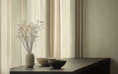 Dried flowers in a small vase and two small bowls on a dark surface, near a sheer white curtain, in soft natural light