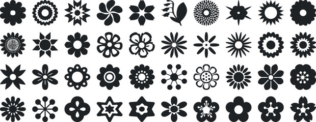 Black flower vector set feature abstract floral design silhouettes, and geometric patterns. Ideal for decoration, logos, and design projects. Includes minimalist botanical elements