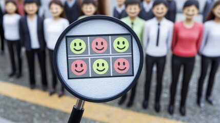 Fototapeta premium Minimal concept of Service quality assessment concept, digital rating system with emoticon choices, a focused zoom on the happiest face through a magnifying glass, warm and inviting colors,