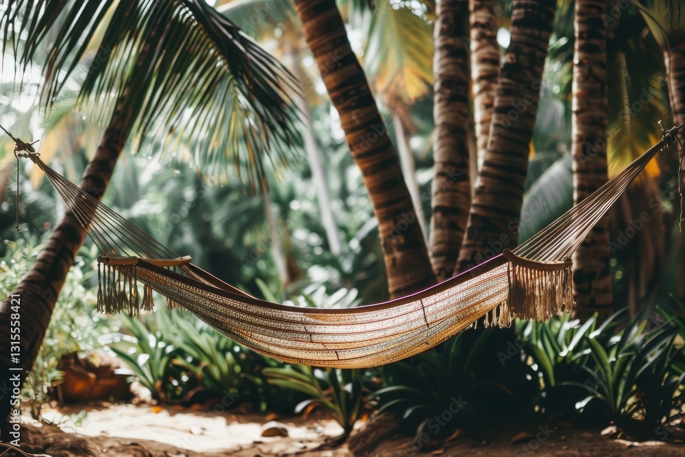 Poster a hammock hangs between two palm trees, creating a peaceful spot for relaxation in a lush, tropical 