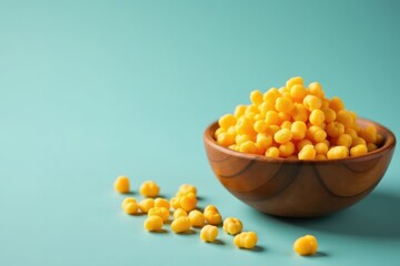 Fototapeta premium Single wooden bowl holds a handful of crispy corn pieces, flat, pieces, single