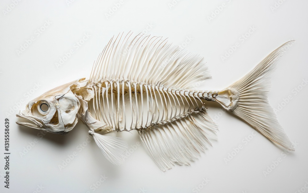 Poster close-up view of a fish skeleton on a white background. the skeleton is detailed, showing the intric